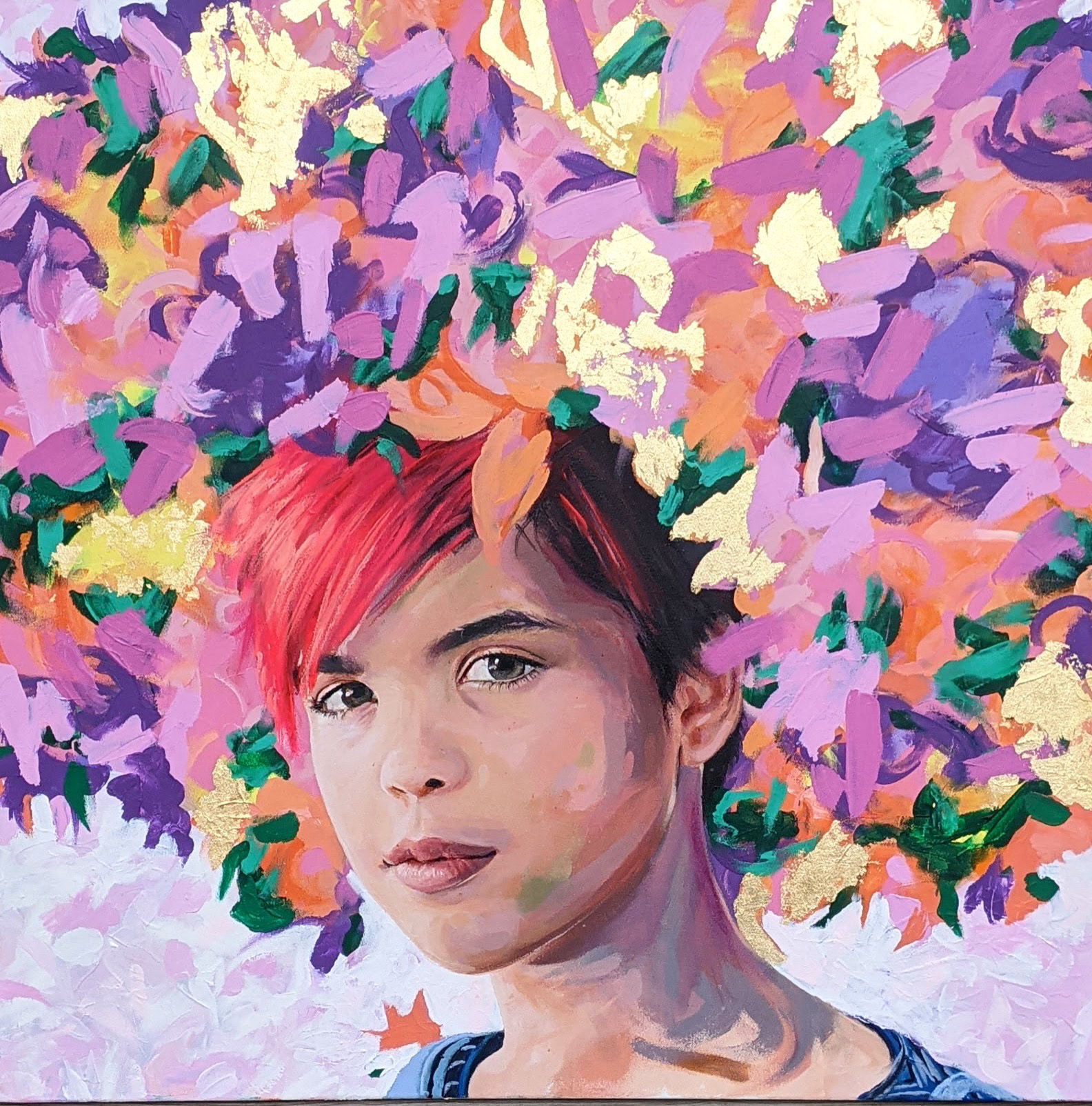 Painting of a tween youth wearing a flower crown, by Alice Blessing